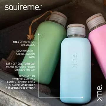 SQUIREME. Y1 Borosilicate Glass Water Bottles, Clear Bottle, Reusable, BPA Free, Tumbler, Dishwasher Safe, Drink Container, Silicone Sleeve, Easy-Off Lid, Hot and Cold Liquid, Concrete Grey 20oz