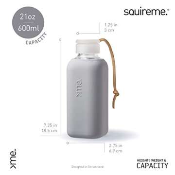SQUIREME. Y1 Borosilicate Glass Water Bottles, Clear Bottle, Reusable, BPA Free, Tumbler, Dishwasher Safe, Drink Container, Silicone Sleeve, Easy-Off Lid, Hot and Cold Liquid, Concrete Grey 20oz
