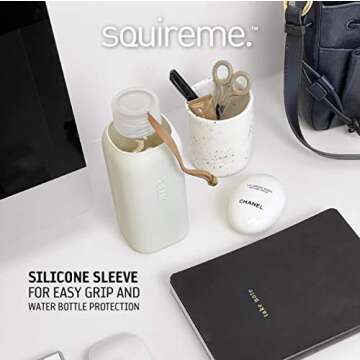 SQUIREME. Y1 Borosilicate Glass Water Bottles, Clear Bottle, Reusable, BPA Free, Tumbler, Dishwasher Safe, Drink Container, Silicone Sleeve, Easy-Off Lid, Hot and Cold Liquid, Concrete Grey 20oz