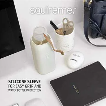 SQUIREME. Y1 Borosilicate Glass Water Bottles, Clear Bottle, Reusable, BPA Free, Tumbler, Dishwasher Safe, Drink Container, Silicone Sleeve, Easy-Off Lid, Hot and Cold Liquid, Concrete Grey 20oz