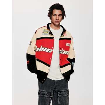 Vamtac Mens Varsity Baseball Jacket Bomber Cotton Vintage Racing Coats Streetwear with Pocket