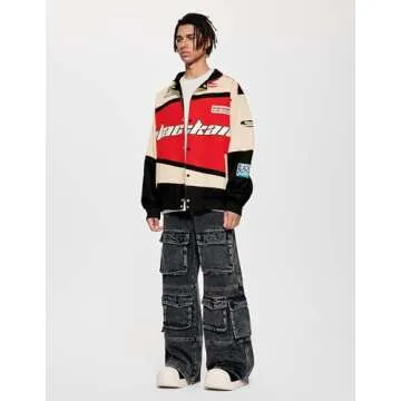 Vamtac Mens Varsity Baseball Jacket Bomber Cotton Vintage Racing Coats Streetwear with Pocket