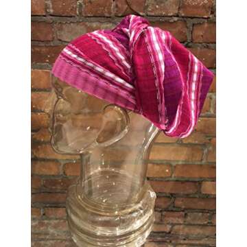 Short Headwrap Scarf Hair Tie Hand Woven Cotton Jeweltone Fuscia Pink