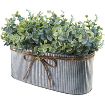 Winlyn Artificial Eucalyptus Arrangement in Rustic Oval Galvanized Metal Planter Box Faux Eucalyptus...