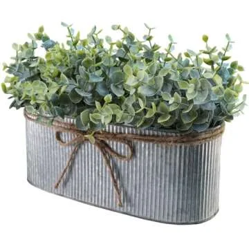 Winlyn Artificial Eucalyptus Arrangement in Rustic Oval Galvanized Metal Planter Box Faux Eucalyptus...