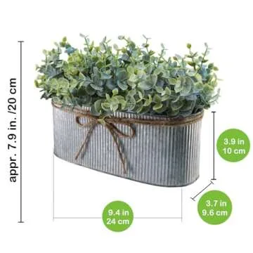 Winlyn Artificial Eucalyptus Arrangement in Rustic Oval Galvanized Metal Planter Box Faux Eucalyptus Bush Greenery Potted Plants for Farmhouse Indoor Home Office Table Centerpiece Kitchen Décor