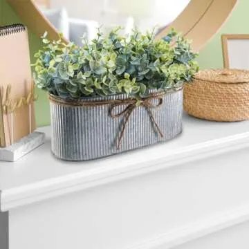 Winlyn Artificial Eucalyptus Arrangement in Rustic Oval Galvanized Metal Planter Box Faux Eucalyptus Bush Greenery Potted Plants for Farmhouse Indoor Home Office Table Centerpiece Kitchen Décor