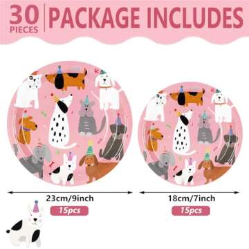 JarThenaAMCS 30Pcs Dog Theme Paper Plate Pink Puppy Disposable Plates 9" & 7" Cute Cartoon Dinner Pl...