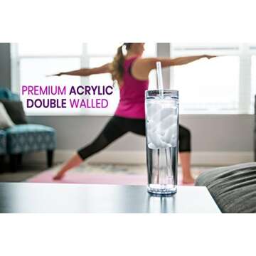 STRATA CUPS 12 Pack Skinny Clear Tumblers with Lid and Straw Bulk - 16oz Double Wall White Acrylic Tumblers With FREE Straw Cleaner & Name Tags! Clear Reusable Cup, Large Clear tumblers for Parties