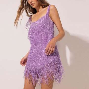 LIK EPOCH Women's Fashion Sexy Sleeveless Halter Neck Tassel Fringe Sparkly Party Dress Cocktail Evening Mini Bodycon Dress Medium