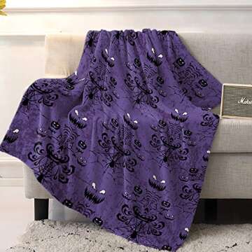 Funy Decor Halloween Haunted Mansion Blankets Purple Super Soft Warm Cozy Flannel Throw Blanket Bed Grinning Ghosts Design Decorative for Sofa Couch Chair Living Bedroom 40 x 50 Inches