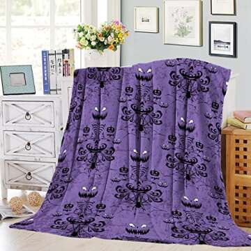 Funy Decor Halloween Haunted Mansion Blankets Purple Super Soft Warm Cozy Flannel Throw Blanket Bed Grinning Ghosts Design Decorative for Sofa Couch Chair Living Bedroom 40 x 50 Inches