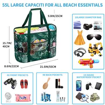 KABAQOO Mesh Beach Bag, Extra Large Beach Bags with 9 Pockets & Zipper Waterproof Lightweight Beach ...