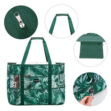 KABAQOO Mesh Beach Bag, Extra Large Beach Bags with 9 Pockets & Zipper Waterproof Lightweight Beach Tote for Beach/Pool Trip