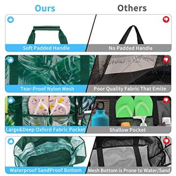 KABAQOO Mesh Beach Bag, Extra Large Beach Bags with 9 Pockets & Zipper Waterproof Lightweight Beach Tote for Beach/Pool Trip