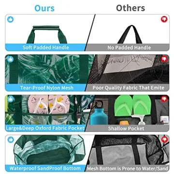KABAQOO Mesh Beach Bag, Extra Large Beach Bags with 9 Pockets & Zipper Waterproof Lightweight Beach Tote for Beach/Pool Trip