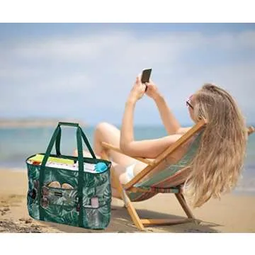 KABAQOO Mesh Beach Bag, Extra Large Beach Bags with 9 Pockets & Zipper Waterproof Lightweight Beach Tote for Beach/Pool Trip