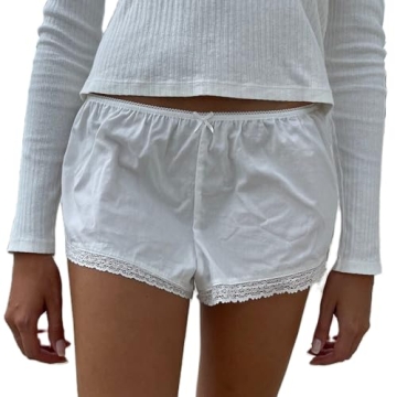 SOLILOQUY Women Y2K Lounge Pajamas Shorts Fairy Cottage Elastic Waist Plaid Boyshorts Bow Lace Trim ...