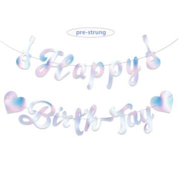 Happy Birth-Tay Banner, Iridescent Birthday Decorations, Pre-strung Birthday Party Banners for Girls...