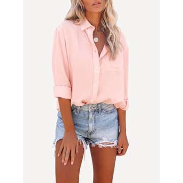 Paintcolors Womens Button Down Shirts Long Sleeve Dressy Casual Blouses Button Up Collared Shirts Tops for Women-Pink L