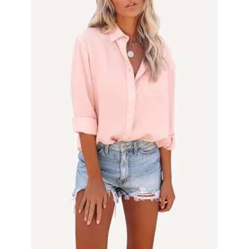 Paintcolors Womens Button Down Shirts Long Sleeve Dressy Casual Blouses Button Up Collared Shirts Tops for Women-Pink L