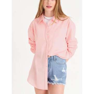 Paintcolors Womens Button Down Shirts Long Sleeve Dressy Casual Blouses Button Up Collared Shirts Tops for Women-Pink L