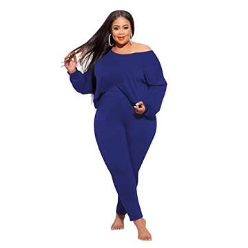 MRSYVES Plus Size 2 Piece Outfits for Women Sexy Clubwear Off Shoulder Long Sleeve Shirt Bodycon Pants Sets Tracksuit Casual Blue 4XL