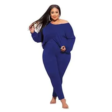MRSYVES Plus Size 2 Piece Outfits for Women Sexy Clubwear Off Shoulder Long Sleeve Shirt Bodycon Pants Sets Tracksuit Casual Blue 4XL