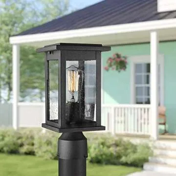 Emliviar Outdoor Post Light Fixtures, 1-Light Pillar Light in Black Finish with Seeded Glass, 1803EW1-P