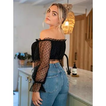 Elegant Dobby Mesh Off Shoulder Shirt Blouse for Women