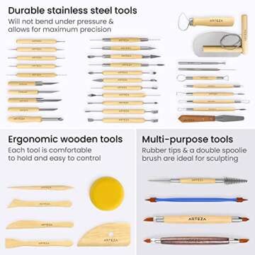 ARTEZA Pottery & Polymer Clay Tools, 42-Piece Sculpting Set, Steel Tip Pottery Tools with Wooden Han...