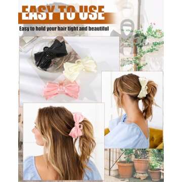 CHLINS 3 Count Bow Claw Clip - Bow Clips for Women in Satin, Nonslip Claw Clips for Thick Thin Hair, Hair Accessory in Black, White, Pink