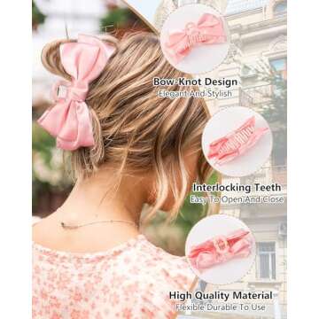 CHLINS 3 Count Bow Claw Clip - Bow Clips for Women in Satin, Nonslip Claw Clips for Thick Thin Hair, Hair Accessory in Black, White, Pink