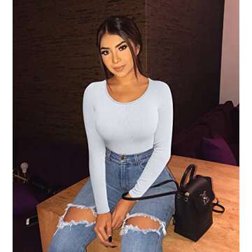 GXIN Women's 2 Piece Ribbed Sexy Bodysuit Scoop Neck Long Sleeve Bodycon Bodysuits White Red