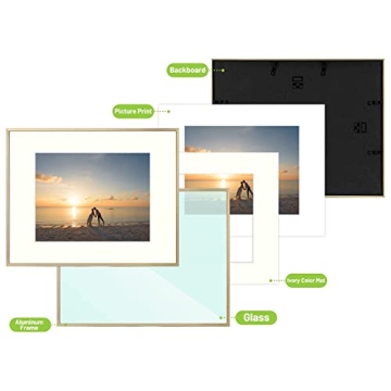 Golden State Art, 16x20 Picture Frame Gold Aluminum (Shiny Brushed) Display Pictures 11x14 with Mat or 16x20 Without Mat Wall Mounting Real Glass Metal Photo Frame