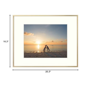 Golden State Art, 16x20 Picture Frame Gold Aluminum (Shiny Brushed) Display Pictures 11x14 with Mat or 16x20 Without Mat Wall Mounting Real Glass Metal Photo Frame
