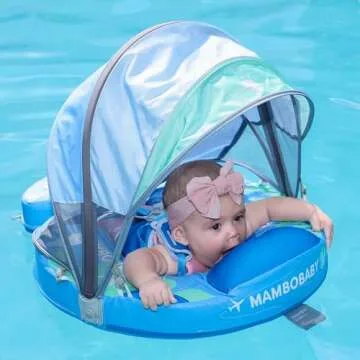 Mambobaby Float Upgrade Add Tail Baby Float with Canopy for Infant Waist Swimming Ring Swim Trainer Non-Inflatable Floats Toys with Adjustable Safety Strap (Blue - Earth)