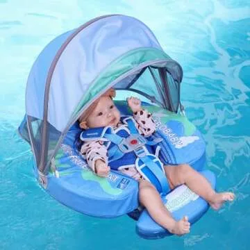 Mambobaby Float Upgrade Add Tail Baby Float with Canopy for Infant Waist Swimming Ring Swim Trainer Non-Inflatable Floats Toys with Adjustable Safety Strap (Blue - Earth)