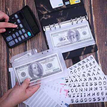 Antner Budget Binder with Zipper Cash Envelopes, Marble A6 Binder with Binder Pockets, Money Saving Binder, Expense Budget Sheets for Cash Binder Organizer Planner, Black