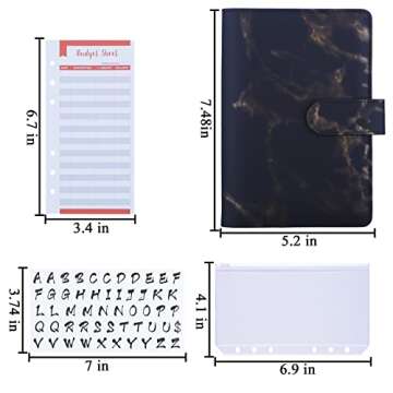 Antner Budget Binder with Zipper Cash Envelopes, Marble A6 Binder with Binder Pockets, Money Saving Binder, Expense Budget Sheets for Cash Binder Organizer Planner, Black