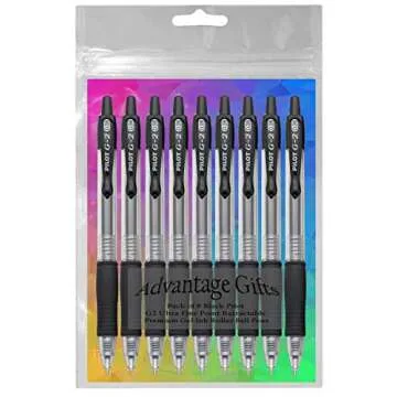 Advantage Gifts G2 Retractable Premium Gel Ink Roller Ball Pens Ultra Fine Point (.38mm) Black Ink 9 pack; Refillable & Premium Comfort Grip Bundle with Plastic Reusable Pouch