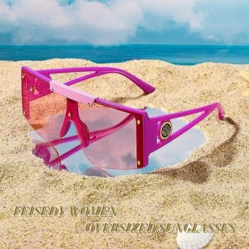 FEISEDY Women's Trendy Pink Flat Top Shield Sunglasses