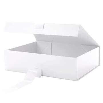 GREEN BEAN Large Gift Box with Lid for Presents 13x9.7x3.4 Inches, White Magnetic Gift Box with Ribb...