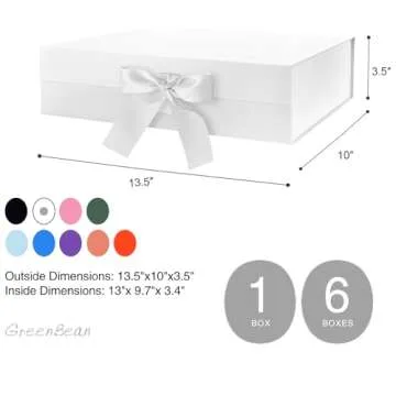 GREEN BEAN Large Gift Box with Lid for Presents 13x9.7x3.4 Inches, White Magnetic Gift Box with Ribbon, Bridesmaid Proposal Box, Luxury Gift Box (Glossy White)
