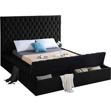 Meridian Furniture Bliss Collection Modern | Contemporary Velvet Upholstered Bed with Deep Button Tufting and Storage Compartments in Rails and Footboard, Black, Queen