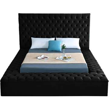 Meridian Furniture Bliss Collection Modern | Contemporary Velvet Upholstered Bed with Deep Button Tufting and Storage Compartments in Rails and Footboard, Black, Queen