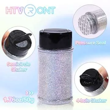 HTVRONT Holographic Extra Fine Glitter Powder - 50 g/1.76 oz Silver Glitter for Resin, 0.008" Portab...