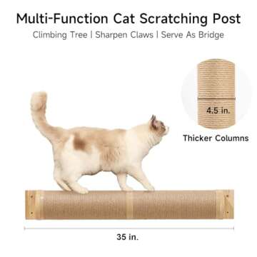 FUKUMARU Cat Scratching Post, 35 x 4.5 Inch Cat Wall Furniture, Rubber Wood Wall Mounted Cat Scratcher Posts for Large Cats, Thicker Columns for Multi-Functions