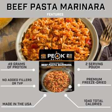 Peak Refuel Beef Pasta Marinara | 49g Protein | 1040 Calories | 100% Real Meat | Premium Freeze Drie...