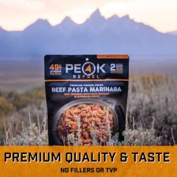 Peak Refuel Beef Pasta Marinara | 49g Protein | 1040 Calories | 100% Real Meat | Premium Freeze Dried Backpacking & Camping Food | 2 Servings | Ideal MRE Survival Meal (2 Serving Pouch)